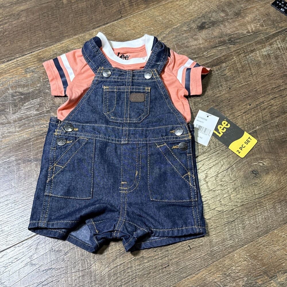Lee Overall Boys 0-3 Months Blue Denim Two-Piece Pockets Button Square Neck Logo